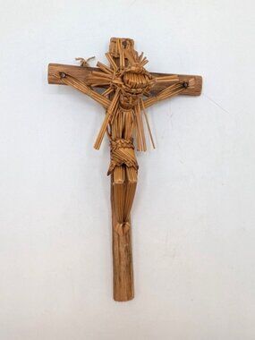Handwoven Straw Wood Crucifix Wall Hanging Cross Rustic Religious Decor 10"